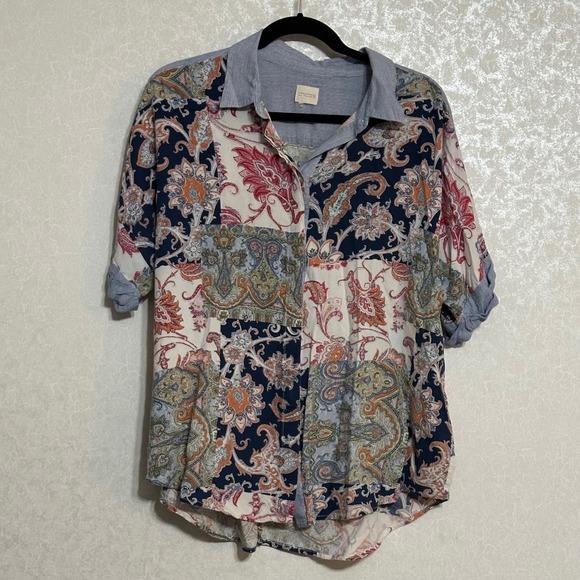 Chico's Paisley Patchwork Print Button Down Shirt Rolled Short Sleeve Blouse XL‎ - Picture 1 of 6